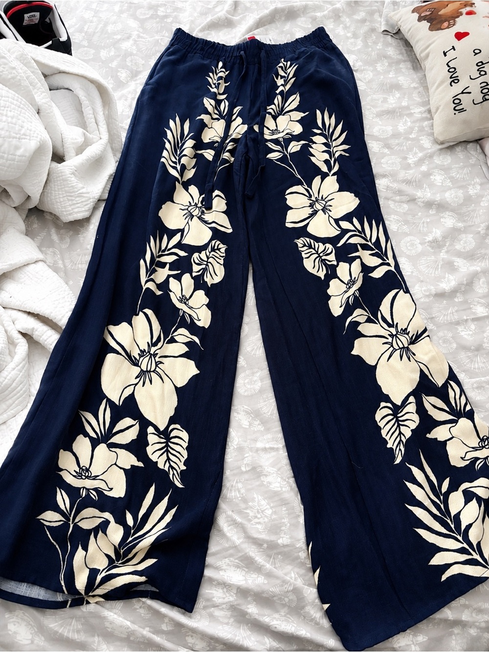 Wide-Leg Navy Floral Print Pants